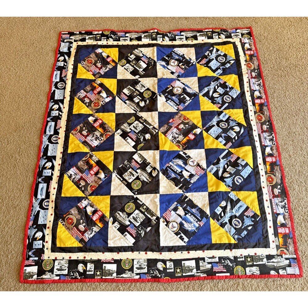 Vintage Handmade Patchwork Military Appreciation Quilt Lap/Baby Blanket  42”X48”
